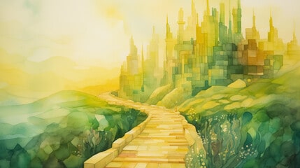 Stock Image of a misty yellowbrick road leading to the emerald city