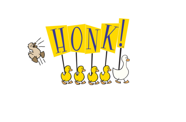 A row of duckling holding signs that spell out Honk while following a white duck. The last duckling is jumping and honking.